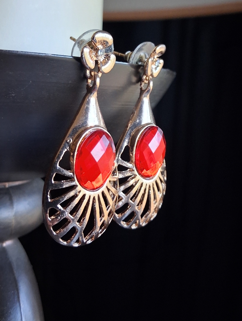 Red Gem Drop Earrings Gold Tone